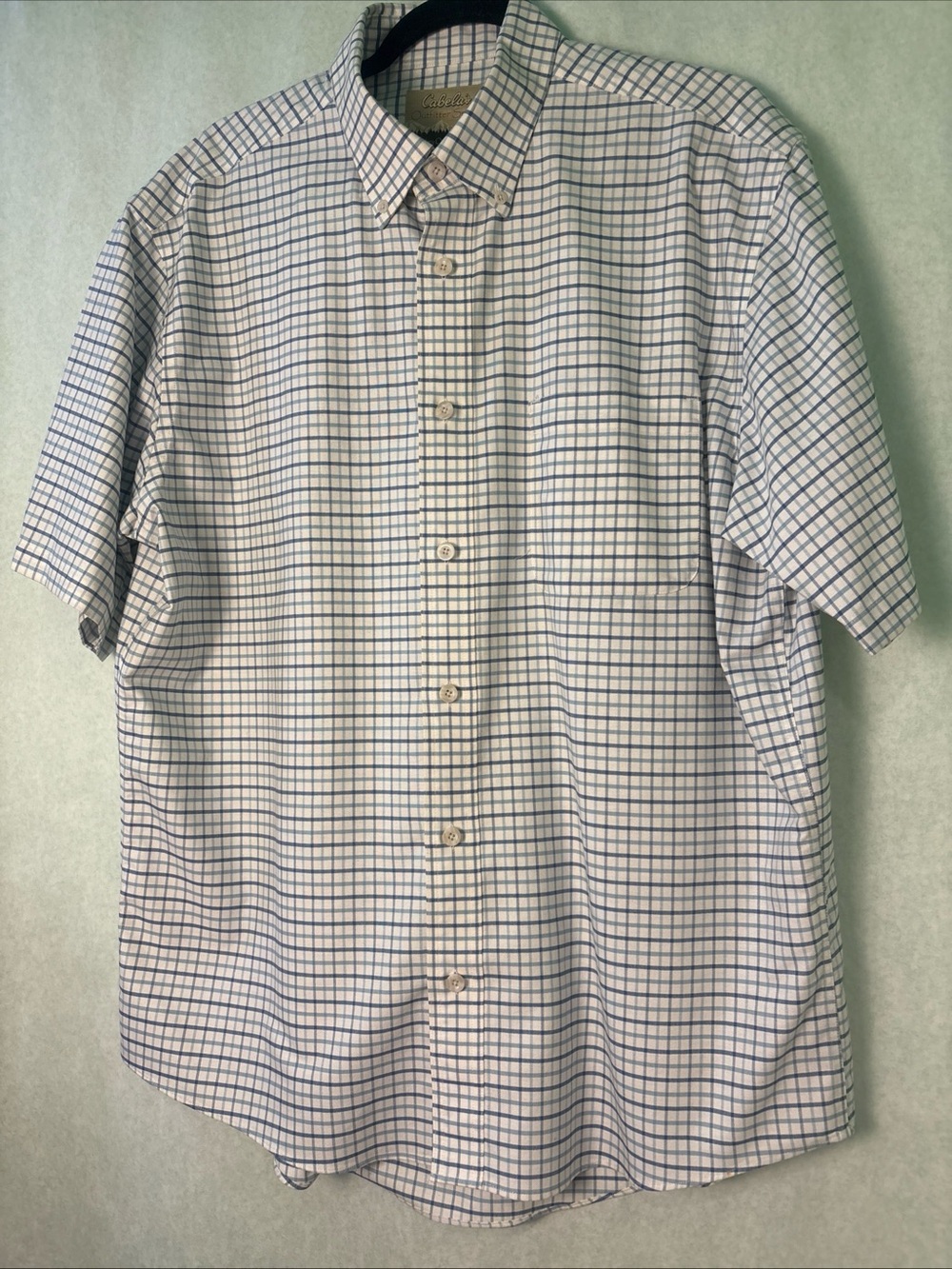 Cabela's Short-Sleeve Button-Down Shirt - White with Blue Grid large